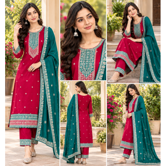 Femy Trend ethnic collection with this elegant Women Embroidered Kurta Pant with Dupatta Set Red Color