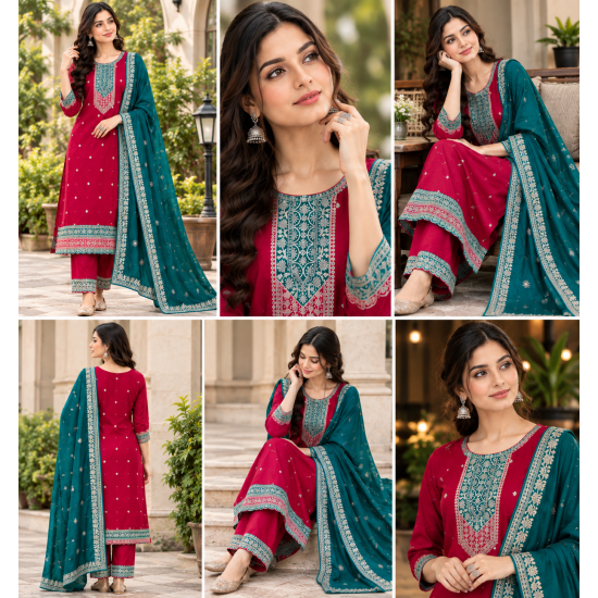 Femy Trend ethnic collection with this elegant Women Embroidered Kurta Pant with Dupatta Set Red Color
