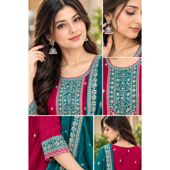 Femy Trend ethnic collection with this elegant Women Embroidered Kurta Pant with Dupatta Set Red Color