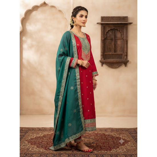 Femy Trend ethnic collection with this elegant Women Embroidered Kurta Pant with Dupatta Set Red Color