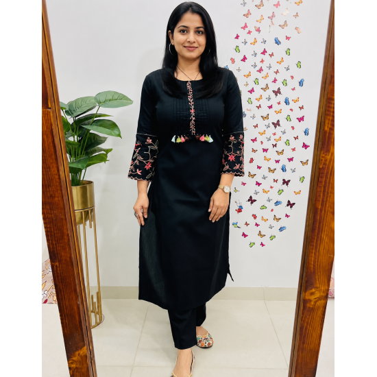 New Launch khadi cotton fabric straight kurta with pant set for work/casual wear Black