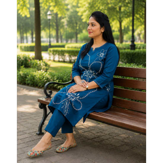 New to our smart premium cotton Kurta pant set that's perfect for work wear/Hand work on kurta & bottom wear Blue