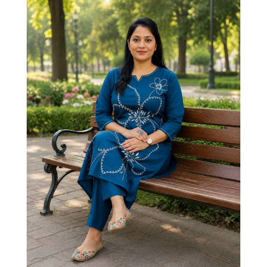 New to our smart premium cotton Kurta pant set that's perfect for work wear/Hand work on kurta & bottom wear Blue