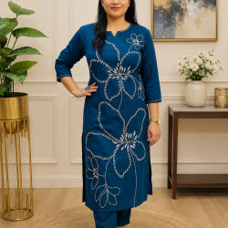 New to our smart premium cotton Kurta pant set that's perfect for work wear/Hand work on kurta & bottom wear Blue