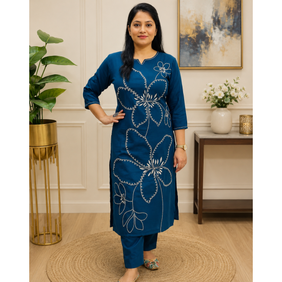 New to our smart premium cotton Kurta pant set that's perfect for work wear/Hand work on kurta & bottom wear Blue