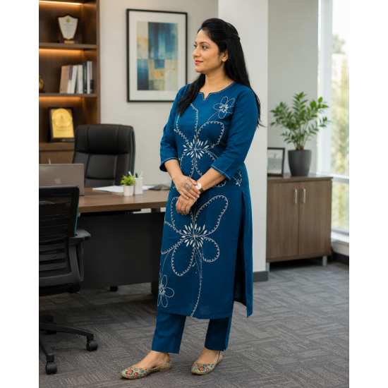 New to our smart premium cotton Kurta pant set that's perfect for work wear/Hand work on kurta & bottom wear Blue