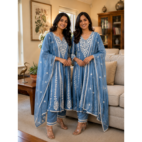New Designer Collection beautiful 3pcs anarkali Suit Set light blue