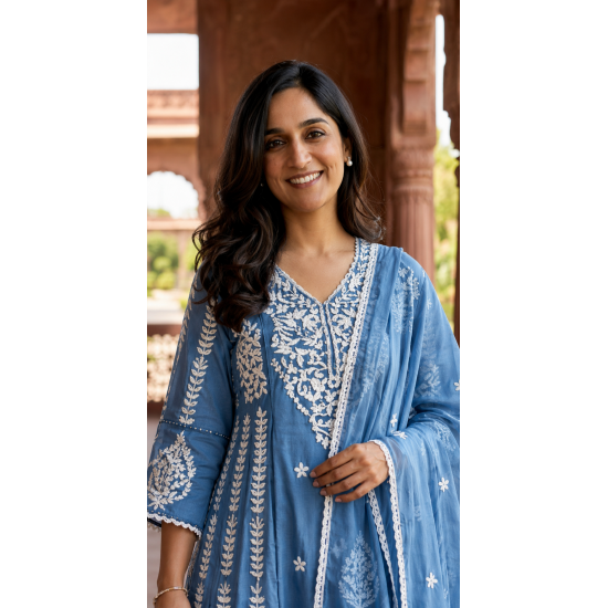 New Designer Collection beautiful 3pcs anarkali Suit Set light blue