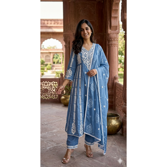 New Designer Collection beautiful 3pcs anarkali Suit Set light blue