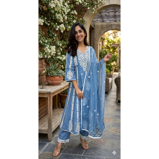 New Designer Collection beautiful 3pcs anarkali Suit Set light blue