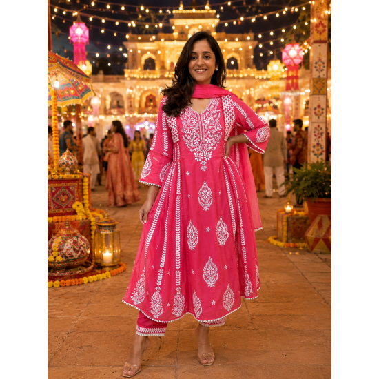 New Designer Collection beautiful 3pcs anarkali Suit Set pink