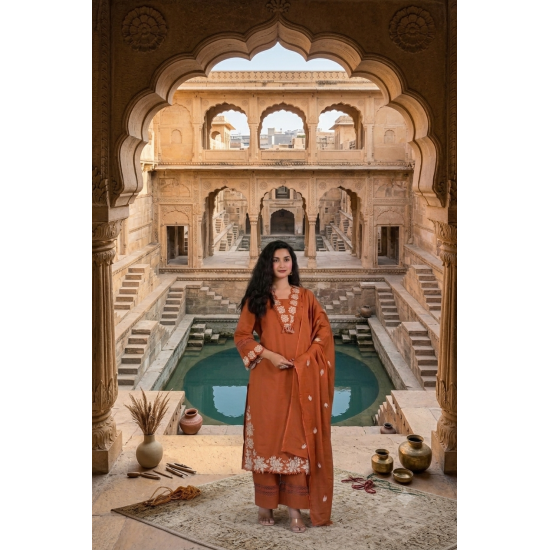 DESIGNER SUIT SET WITH EMBROIDERY WORK AND KODI LATKAN RUST