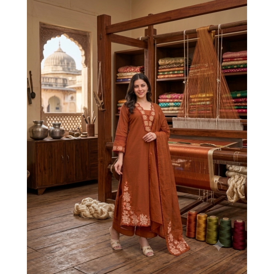 DESIGNER SUIT SET WITH EMBROIDERY WORK AND KODI LATKAN RUST