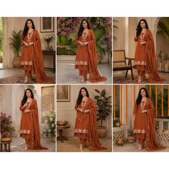 DESIGNER SUIT SET WITH EMBROIDERY WORK AND KODI LATKAN RUST
