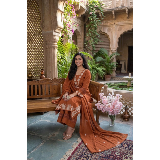 DESIGNER SUIT SET WITH EMBROIDERY WORK AND KODI LATKAN RUST