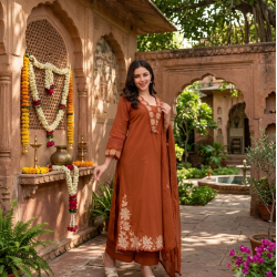 DESIGNER SUIT SET WITH EMBROIDERY WORK AND KODI LATKAN RUST