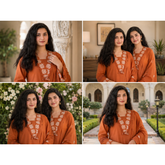 DESIGNER SUIT SET WITH EMBROIDERY WORK AND KODI LATKAN RUST