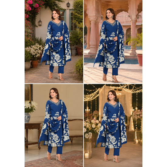 Kurta with V neck and beautifully design on neck in rayon silk fabric Blue