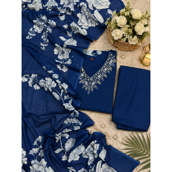 Kurta with V neck and beautifully design on neck in rayon silk fabric Blue