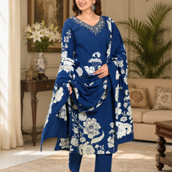 Kurta with V neck and beautifully design on neck in rayon silk fabric Blue