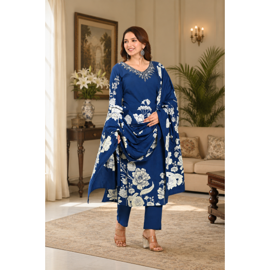 Kurta with V neck and beautifully design on neck in rayon silk fabric Blue