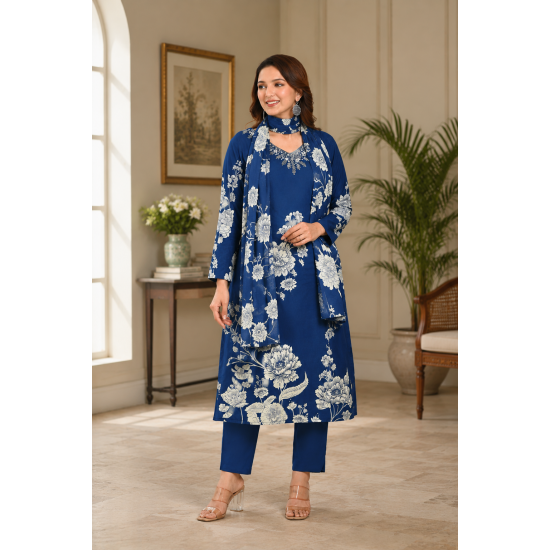 Kurta with V neck and beautifully design on neck in rayon silk fabric Blue