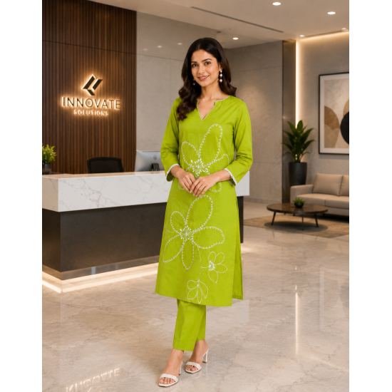 New to our smart premium cotton Kurta pant set that's perfect for work wear/Hand work on kurta & bottom wear Green