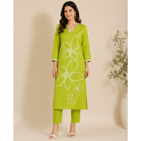 New to our smart premium cotton Kurta pant set that's perfect for work wear/Hand work on kurta & bottom wear Green