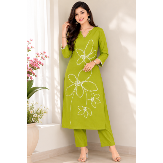 New to our smart premium cotton Kurta pant set that's perfect for work wear/Hand work on kurta & bottom wear Green