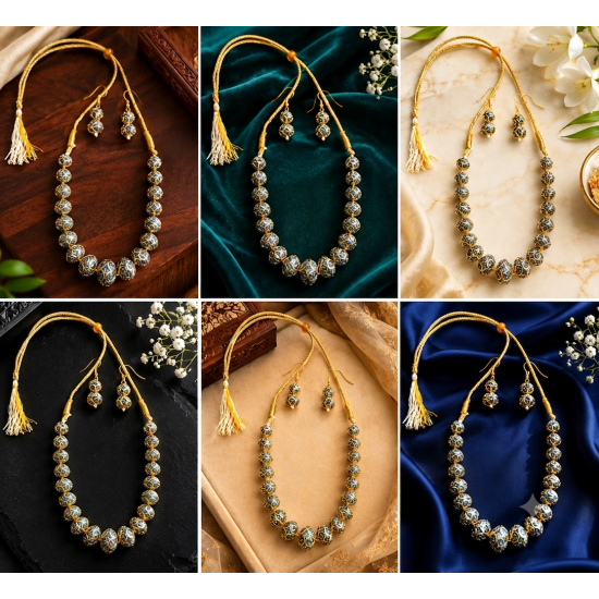 Antique gold-toned Ball necklace with matching filigree drop earrings-Grey