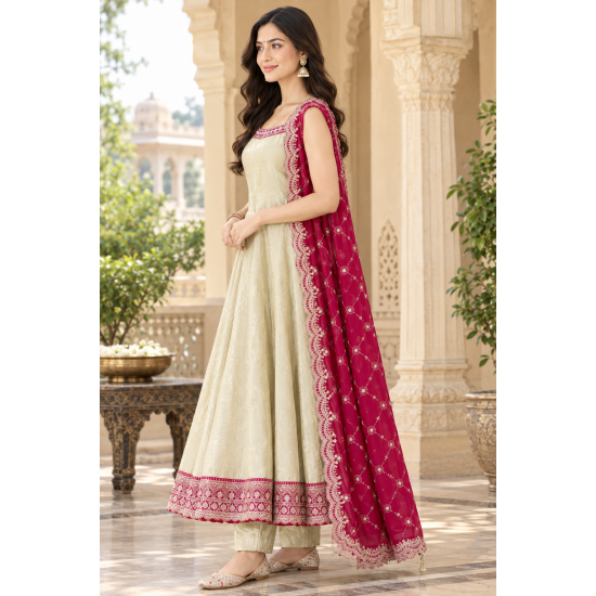 Femy Trend stylish Women Anarkali Kurta Set with Dupatta designed for elegance and comfort Ivory