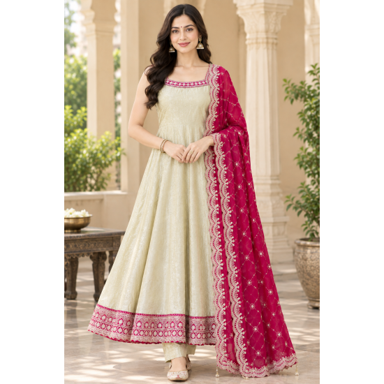 Femy Trend stylish Women Anarkali Kurta Set with Dupatta designed for elegance and comfort Ivory