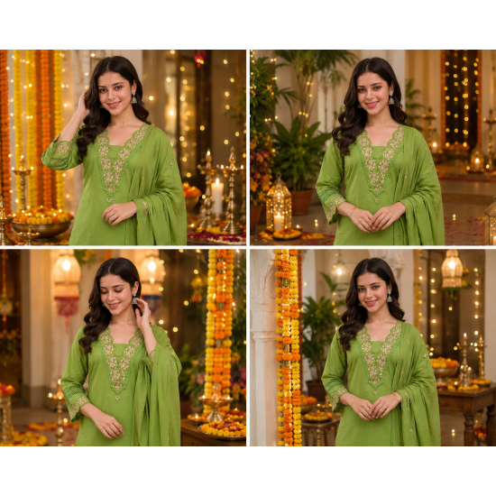 DESIGNER SUIT SET WITH EMBROIDERY WORK AND KODI LATKAN GREEN