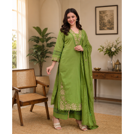 DESIGNER SUIT SET WITH EMBROIDERY WORK AND KODI LATKAN GREEN