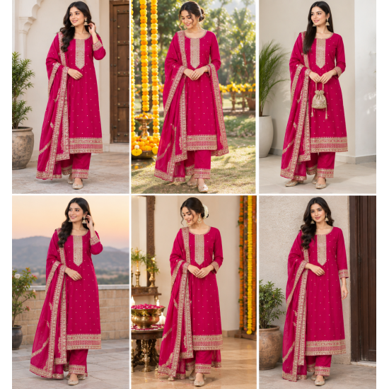 Femy Trend Silk Blend Fabric Embroidered Kurta Set in this attractive Magenta Color