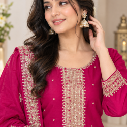 Femy Trend Silk Blend Fabric Embroidered Kurta Set in this attractive Magenta Color