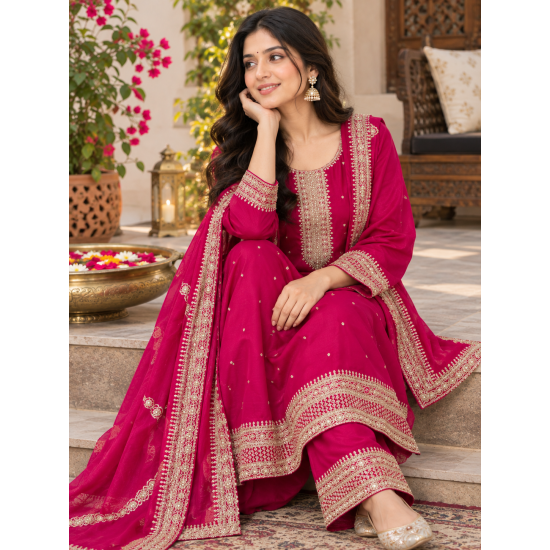 Femy Trend Silk Blend Fabric Embroidered Kurta Set in this attractive Magenta Color