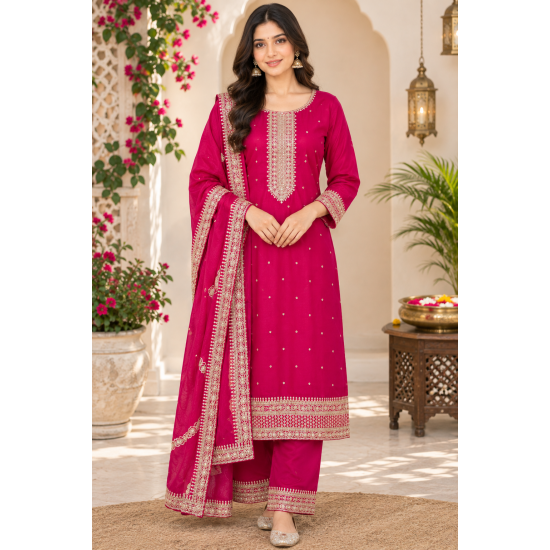 Femy Trend Silk Blend Fabric Embroidered Kurta Set in this attractive Magenta Color