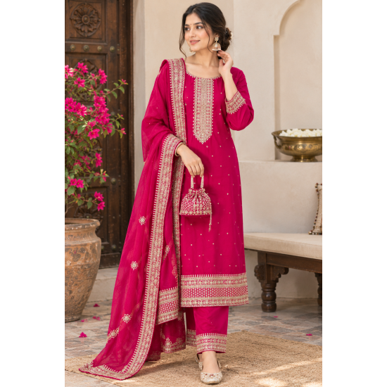 Femy Trend Silk Blend Fabric Embroidered Kurta Set in this attractive Magenta Color