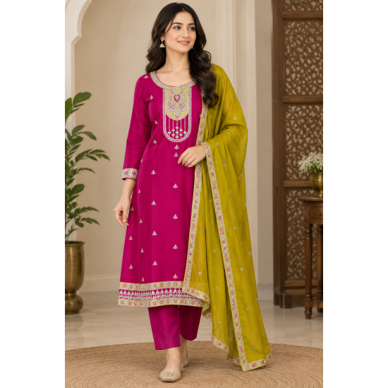 Rich look of vichitra fabric with heavy quality with premium finish color Magenta