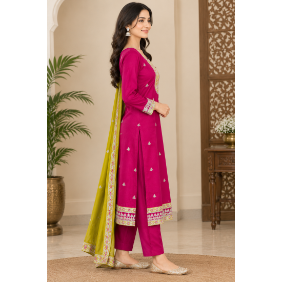 Rich look of vichitra fabric with heavy quality with premium finish color Magenta