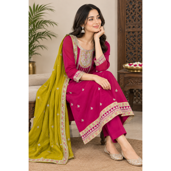 Rich look of vichitra fabric with heavy quality with premium finish color Magenta