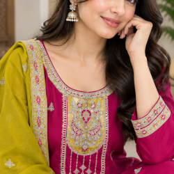 Rich look of vichitra fabric with heavy quality with premium finish color Magenta