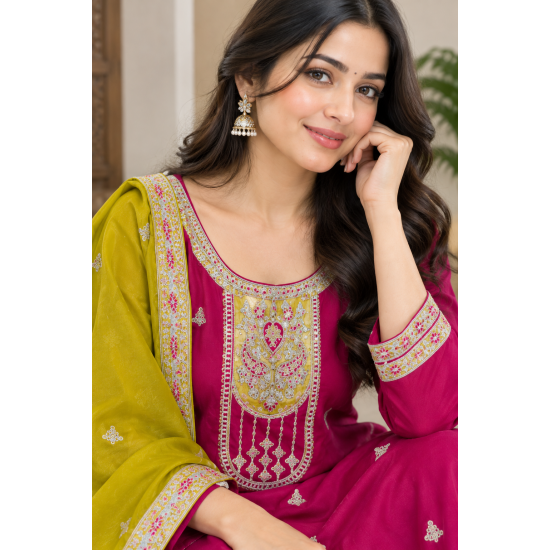 Rich look of vichitra fabric with heavy quality with premium finish color Magenta