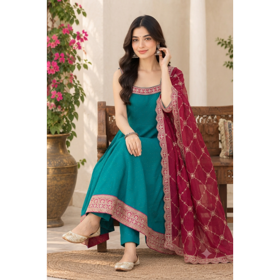Femy Trend stylish Women Anarkali Kurta Set with Dupatta designed for elegance and comfort Teal
