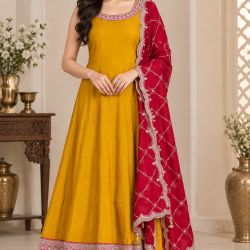 Femy Trend stylish Women Anarkali Kurta Set with Dupatta designed for elegance and comfort Mustard