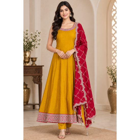 Femy Trend stylish Women Anarkali Kurta Set with Dupatta designed for elegance and comfort Mustard