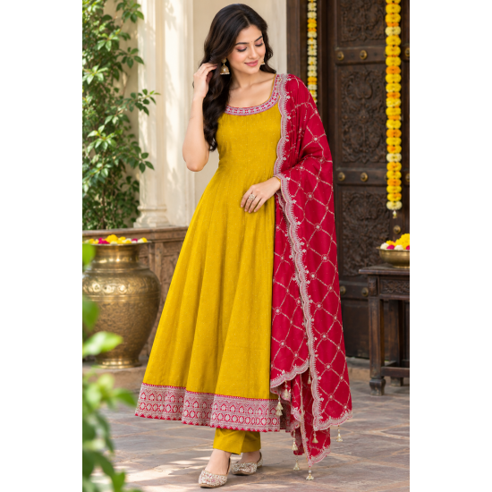 Femy Trend stylish Women Anarkali Kurta Set with Dupatta designed for elegance and comfort Mustard