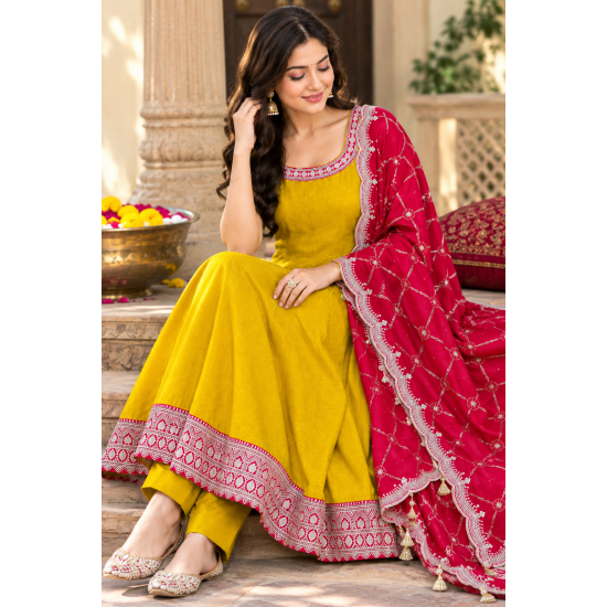 Femy Trend stylish Women Anarkali Kurta Set with Dupatta designed for elegance and comfort Mustard