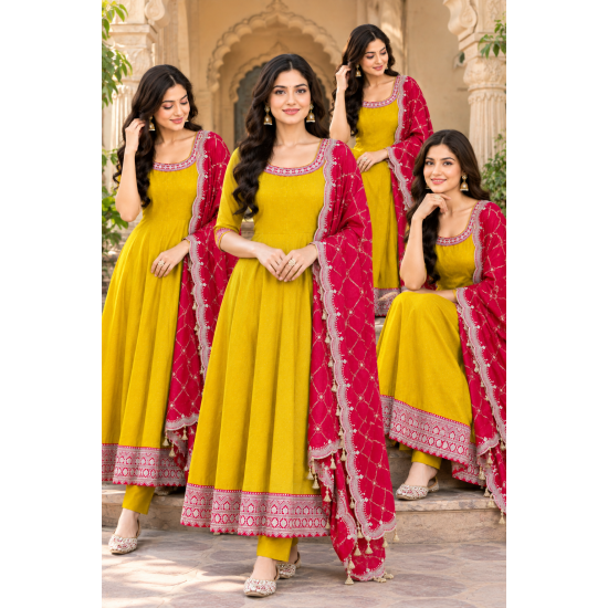 Femy Trend stylish Women Anarkali Kurta Set with Dupatta designed for elegance and comfort Mustard